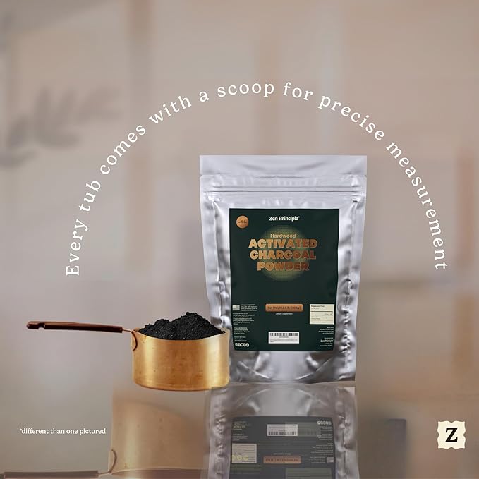 Zen Principle Hardwood Activated Charcoal Powder 100 Percent from USA Trees. All Natural. Whitens Teeth, Rejuvenates Skin and Hair, Supports Better Digestion, 8 oz.