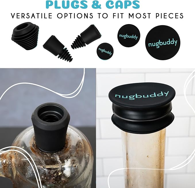 nugbuddy Glass Cleaning Kit - Reusable Silicone Accessories - Complete Kit to Clean your Piece, Just Add Cleaner - Reusable Soaker Bag, Brushes, Mat, Caps & Plugs, Funnel, & Microfiber Towel