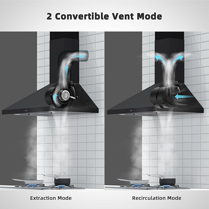 FIREGAS Black Range Hood 30 inch, Convertible Wall Mount Range Hood with Brushless Motor, 450 CFM, 9 Speed Fan, Soft Touch Controls, Permanent Filters, LED Lights, Charcoal Filter included