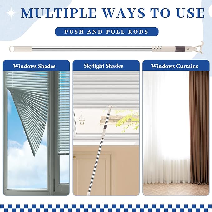 Reallnaive 3 Pack Telescoping Skylight Pole with Hook up 47 to 98 Inch Wand for Blinds Tension Rod Blinds Shades Stainless Steel Adjustable Curtain Pull Wand for Skylight Cordless Window (Beige)