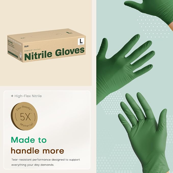 SUP Nitrile Exam Gloves, Powder-Free Latex-Free Food Non-Sterile Safe Cooking Cleaning Disposable Medical Glove, Green 1000Ct