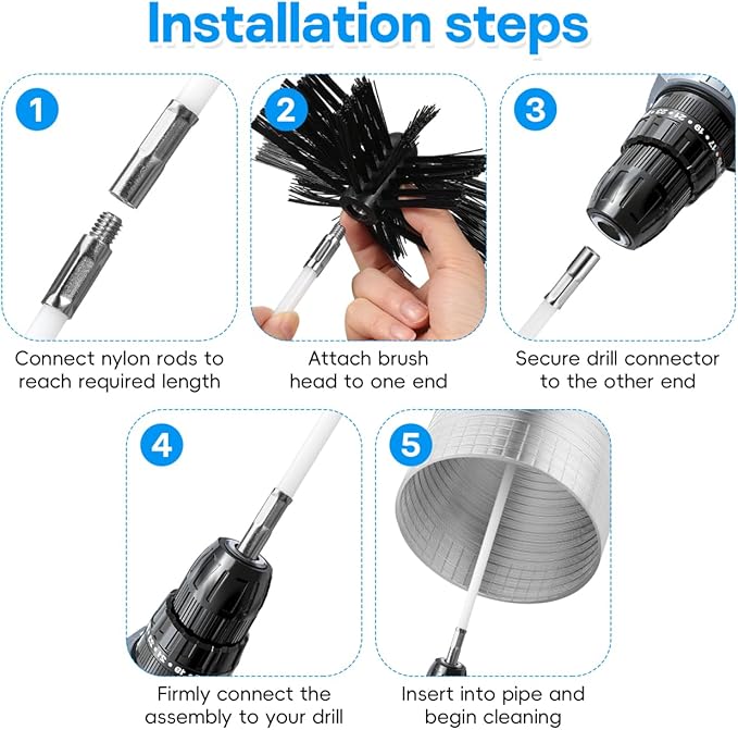 MAGICLULU Chimney Cleaning Brush Kit with 23 Flexible Rods and 2 Brush Heads Multipurpose Dryer Vent and Fireplace Duct Cleaner Hexagonal Adapter Included 6X6X2.16 Inch Compact Set