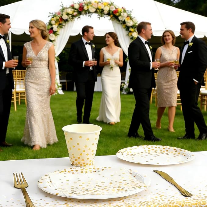 White and Gold Party Supplies 145PCS Disposable Party Dinnerware Paper Plates, Napkins, Knives, Forks, Cups, Banner, for New Year Eve 2026, Bridal Shower, Wedding, Birthday, Serves 24