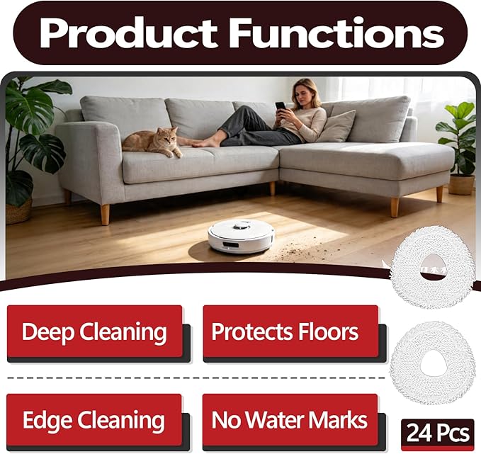 24 Pcs Replacement Mop Pads Compatible with Narwal J3 J4 YJCC012 YJCC015 Microfiber Resuable Mop Cloth Robot Vacuum Cleaner Accessories, White