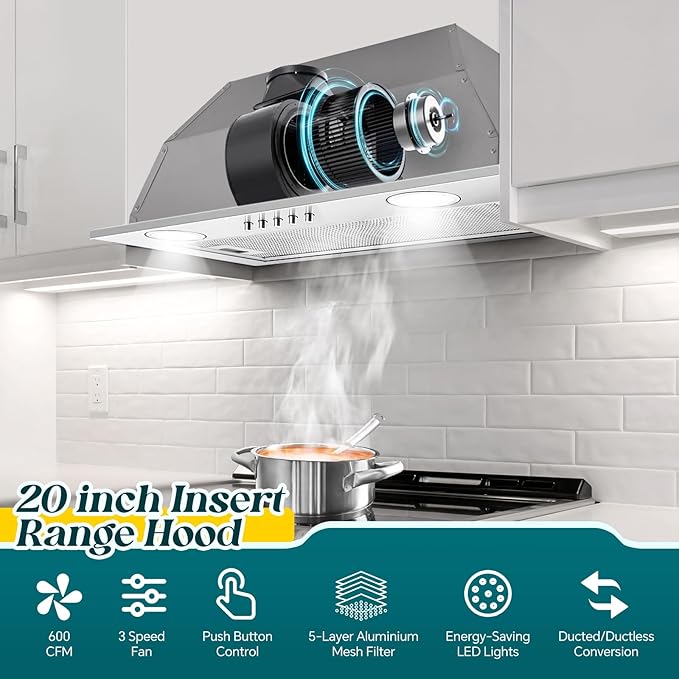 Range Hood Insert 20 Inch, Built-in Kitchen Hood 600CFM, Ducted/Ductless Convertible, Vent Hood Insert w/Mesh Filter, Push Button Control, Stainless Steel Range Hood w/ 3 Speed Fan