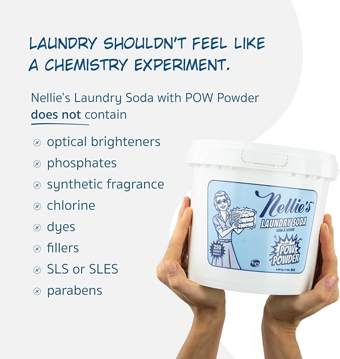 Nellie's Laundry Soda with POW Powder - 250 Loads - Environmentally Conscious Laundry Detergent with Stain-Fighting Active Enzymes - High-Efficiency, Gentle on Skin and Environment - (Made in Canada)