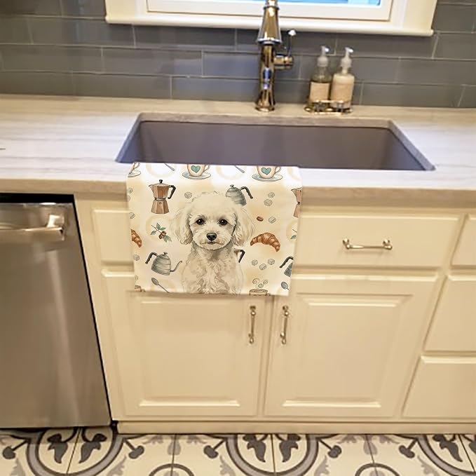Caroline's Treasures Toy White Poodle Coffee Bar Kitchen Towel Velour Plush Front and Cotton Loop Back Machine Washable