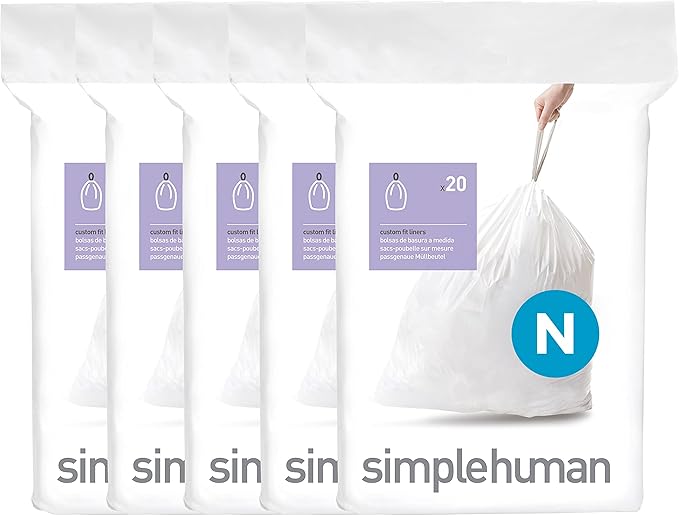 simplehuman Code N 100 Count, Dispenser Pack Custom Fit Liners, Drawstring Trash Bags, 45-50 Liter / 11.9-13.2 Gallon, White