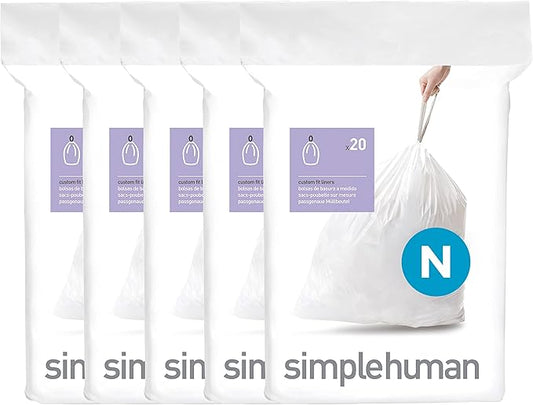 simplehuman Code N 100 Count, Dispenser Pack Custom Fit Liners, Drawstring Trash Bags, 45-50 Liter / 11.9-13.2 Gallon, White