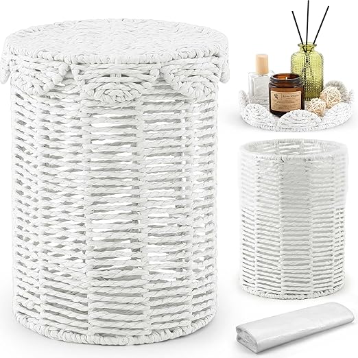 Ctosree 1.3 Gallons Small Wicker Trash Can with Lid Handle Woven Wicker Rattan Bathroom Waste Basket Boho Trash Basket with 100 Plastic Garbage Bags for Bedroom Office Laundry (Scalloped Style, White)