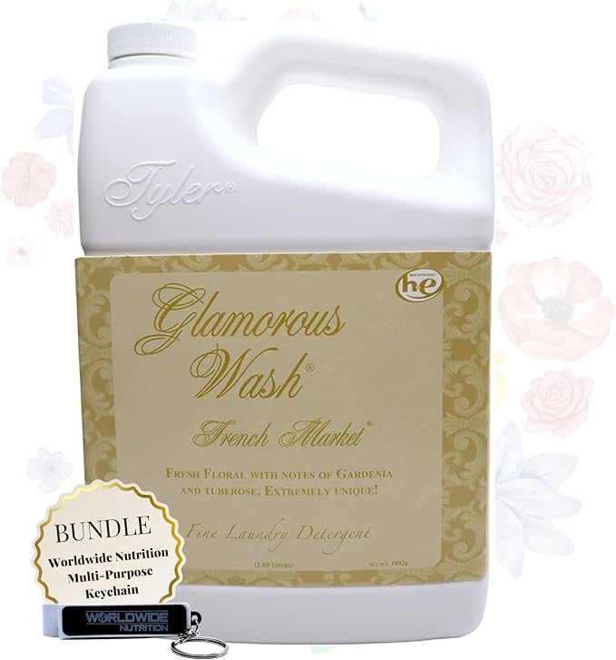 Worldwide Nutrition Bundle: Tyler Glamorous Wash French Market Fine Laundry Liquid Detergent - Luxury Liquid Laundry Detergent - 1.89L (64 Fl Oz) Liquid Detergent and Multi-Purpose Key Chain