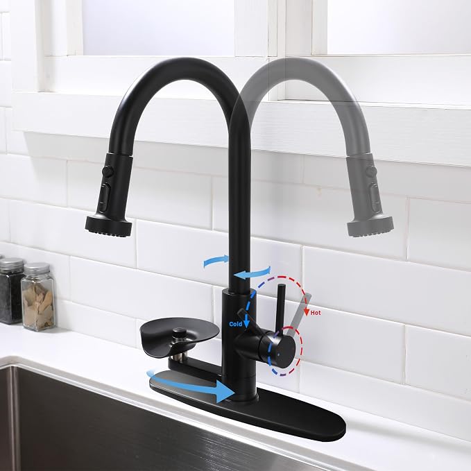 Kitchen Faucet with Glass Rinser, Pull Down Sink Faucet with 3 Spray Modes and High Pressure Glass Rinser, Single Hole 2 in 1 High Arc Stainless Steel Kitchen Faucets (Matte Black)