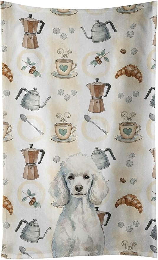 Caroline's Treasures Standard White Poodle Coffee Bar Kitchen Towel Velour Plush Front and Cotton Loop Back Machine Washable