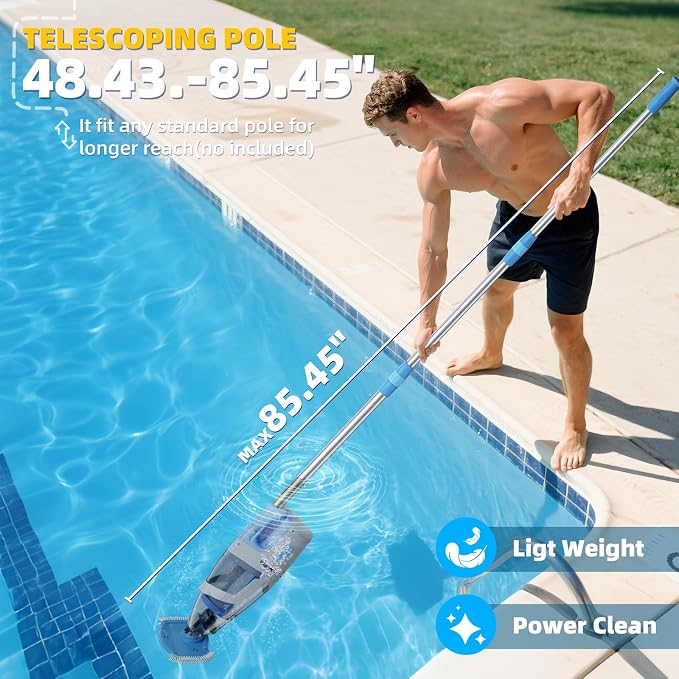 Cordless Pool Vacuum, 1950 GPH Powerful Suction, Handheld Pool Cleaner with Telescopic Pole, 60 Min Runtime, 2L Large Capacity, Rechargeable for Above Ground & Inground Pools, Spas & Hot Tubs