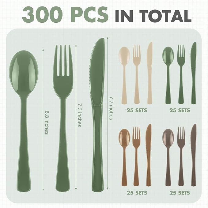 Kochorie 300 Pieces Woodland Plastic Silverware, Disposable Plastic Utensils, Heavy Duty Cutlery Set Heavyweight Flatware Includes Spoons Forks Knives for Birthday Wedding Forest Party Supplies