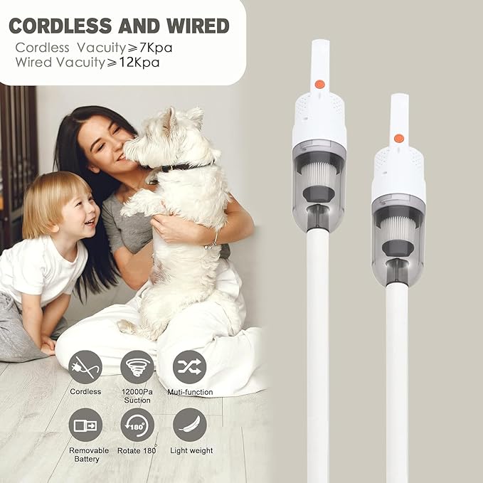 6-in-1 Lightweight Stick Vacuum Cleaner with 100W Powerful Motor, Mini Portable Household Handheld Vacuum Cleaner for Domestic Hard Floors, Carpets and Pet Hair (White Cordless)
