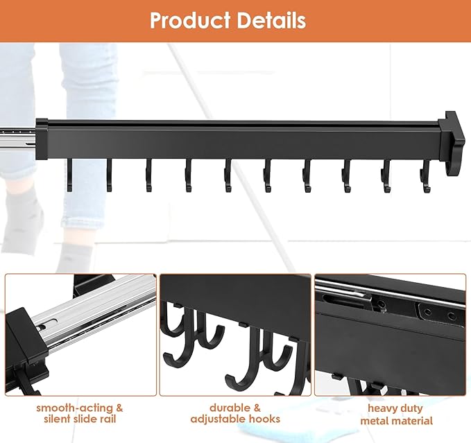 Pull-out Mop and Broom Holder with 20 Sliding Hooks, Slide Broom Closet Organizer Sliding Garage Storage Rack for Home Kitchen Wardrobe Closet Laundry Cupboard