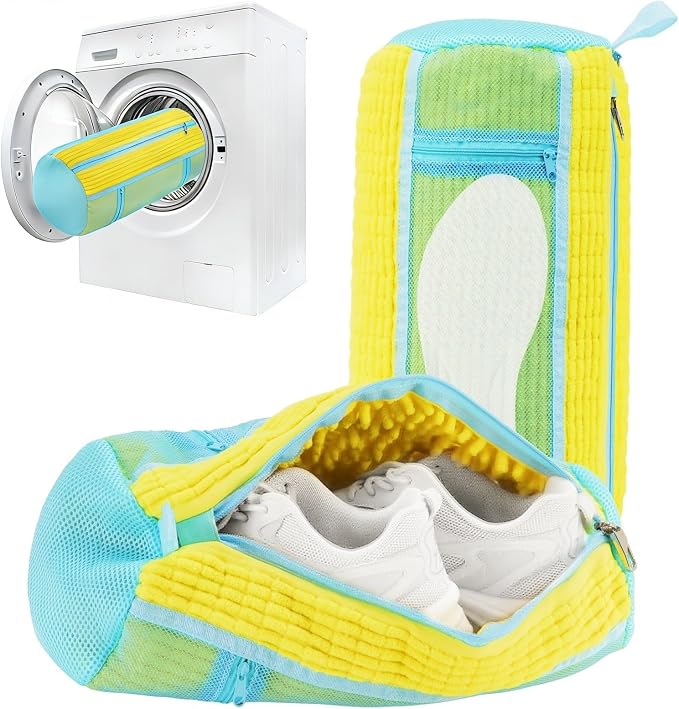 Shoe Washing Machine Bag 2 Pack, Laundry Shoe Bags with Insole Pocket, Reusable Shoe Cleaning Bags for Washer and Dryer, Protective 360° Deep Clean for Sneakers Tennis All Shoes Types（Yellow）