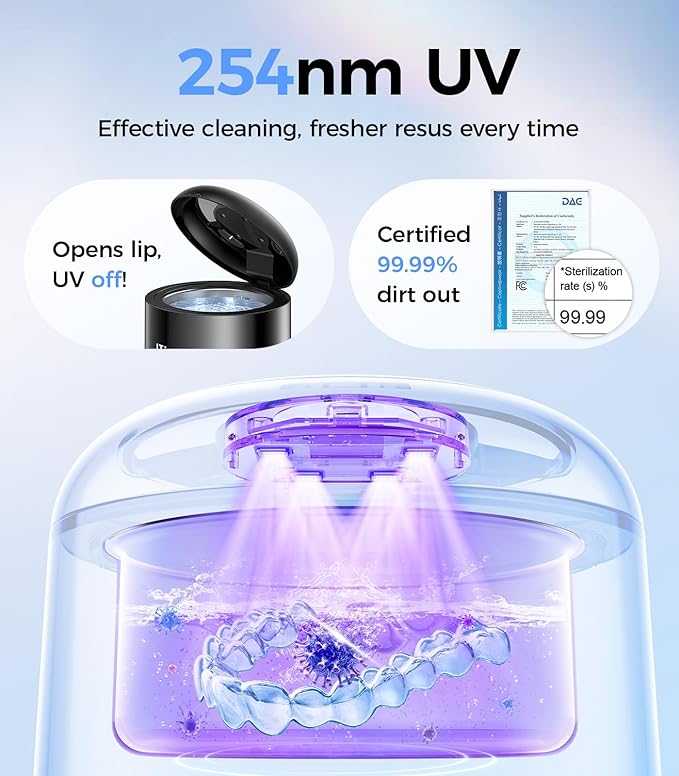 Retainer Cleaner 48kHz, Ultrasonic Retainer Cleaner Machine with 4 Modes for Dentures, Aligners, Mouthguards, Retainers, Jewelry Cleaner and Dental Cleaning Pod, 25W Ultrasonic Jewelry Cleaner