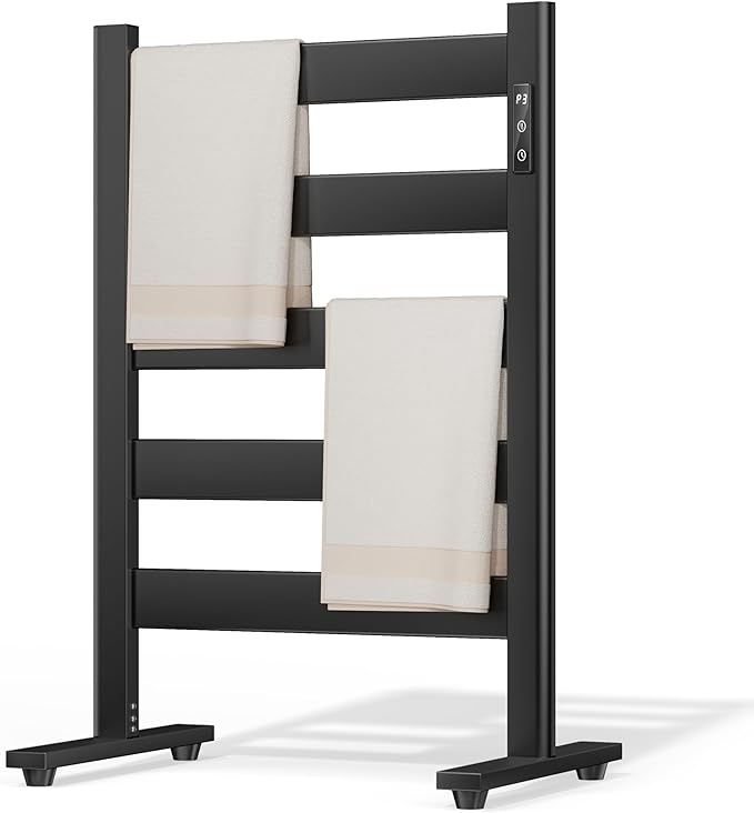 Freestanding Towel Warmer – 5-Bar Heated Towel Rack with Timer & Adjustable Temperature, Space Aluminum, Rust-Resistant, Fast Heating in About 10 Minutes for Bathroom & Spa,Matte Black