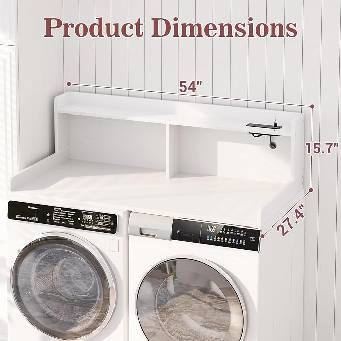 Aheaplus Washer and Dryer Countertop, 2-Tier Laundry Countertop Cover with LED Lights and Power Strip, Large Space Laundry Topper with Shelf for Laundry Room Organization, White