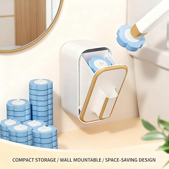 Disposable Toilet Brush with 48 Refill Heads and Holder– Includes Storage Caddy&Toilet Bowl Wand, Wall-Mount Scrubbing Toilet Brush Bathroom Cleaning Kit (1 Wand+48 Refills)