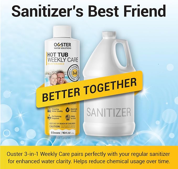 Bio Ouster 3-in-1 Weekly Hot Tub Chemicals & Spa Chemicals - Cleaner Clarifier Conditioner for Inflatable & Acrylic Spas - Chlorine Bromine Saltwater - No Draining, Made in USA, 16oz Bottle (8 Week)