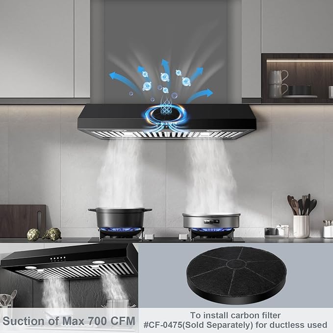 SNDOAS Under Cabinet Range Hood 30 inch,Black Range Hood with 430 Spray-Painted Stainless Steel,3-speed Fan & 700 CFM Kitchen Hood,Ducted/Ductless Range Hoods with 3-Venting,Baffle Filters