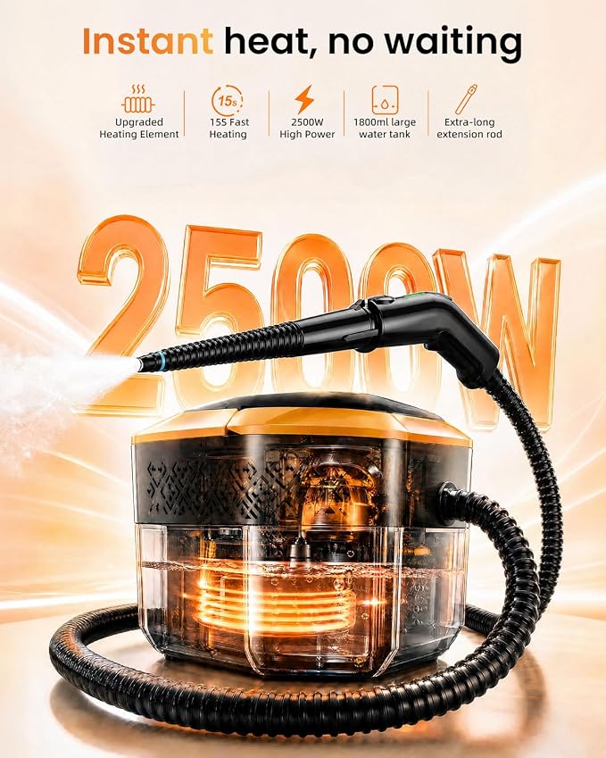 Steam Cleaner for Home & Car – Handheld Steamer for Cleaning with 2500W High Temperature, 3 Modes, 12 Accessories & 1.8L Large Tank, Portable Steam Cleaner for Couch, Grease, Kitchen, Bathroom, Car