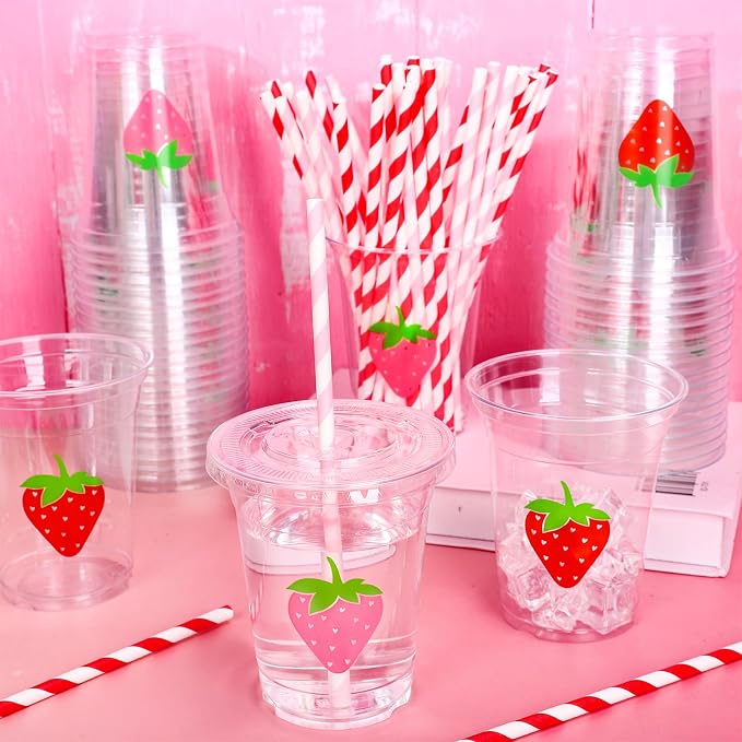 FYSUIMU 50Pcs Strawberry Disposable Plastic Cups with Lids and Straws 12Oz Red Pink Cold Beverage Drinking Cups for Summer Wedding Birthday Baby Shower Party Supplies