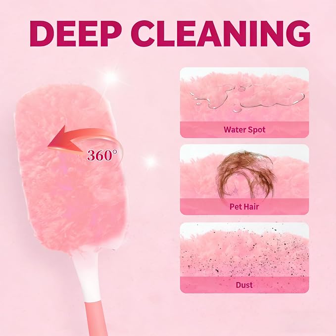 Pink Duster Refill for Swiffer Duster, 50 Count Disposable Dusters Kit for Cleaning Dusting Furniture Blind Ceiling Fan, Multi Surface 360 Feather Duster + 3FT Extended Handle + 1 Handle