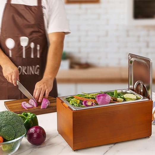 Art Secret 1.6 Gal Kitchen Countertop Compost Bin, Smell Proof Insert with Pine Wood Box (Brown)