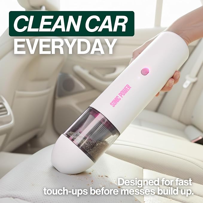 SonicPower Portable Cordless Car Vacuum, 15000Pa High Suction Handheld Vacuum Cleaner, 2-in-1 Vacuum & Blower, with 4 Attachments & Portable Storage Bag for Car, Home, Pet & Office (White & Pink)