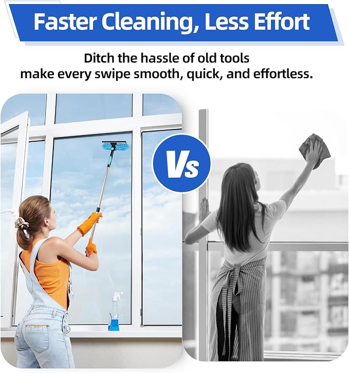 122'' Window Washing Kit with Extension Pole, 2-in-1 Window Cleaning Kit with Scrubber and Rotating Head, Window Cleaner Tool for Shower Rooms, Glass, Floors, Tiles, Walls, Car Windshields