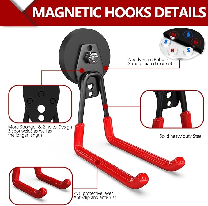 3-H Extra Strong Magnetic Hooks,Heavy Duty Large Anti-Slip Magnet Hooks U Shape,No-Drill Tool Holder for Garage,Power Drill,Garden Tools,Hose Storage,2 Pack Red