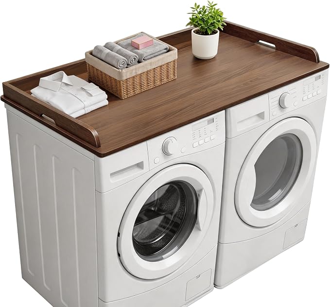 Washer Dryer Countertop, 54 x 27.5 Inch Washer Dryer Topper, Laundry Topper for Washer and Dryer, No Installation MDF Top with Raised Edge, Walnut