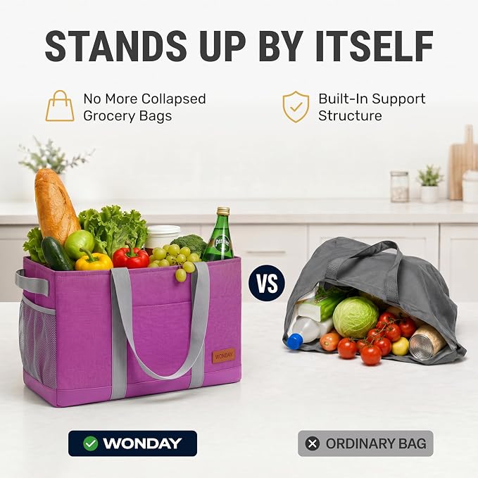 WONDAY Extra Large Utility Tote Bag - Standing Reusable Grocery Bag with Handle, Collapsible Storage for Shopping, Beach