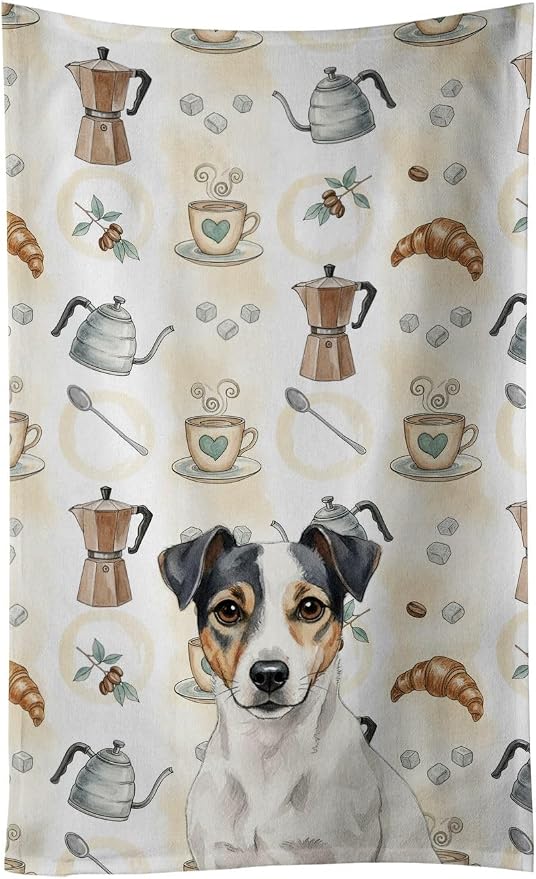 Caroline's Treasures White and Black Jack Russell Terrier Coffee Bar Kitchen Towel Velour Plush Front and Cotton Loop Back Machine Washable
