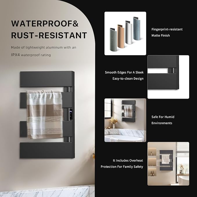 Electric Towel Warmer with Smart LED Timer, Modern [2/3/4] Bar Large Panel Heated Towel Rack, Wall-Mounted Plug-in/Hardwired 2-in-1, Rapid Warmth for Bathrooms, [Matte Black/Alpine White]