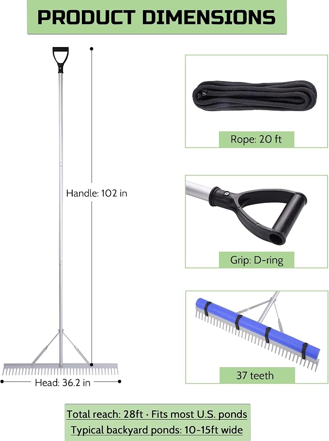 Pond Rake, 36" Floating Rake with 8.5ft (102in) Extension Handle & 20ft Rope, Aluminum Aquatic Weed Rake for Lake, Landscape Rake for Algae, Muck & Debris Removal, 2-in-1 Water & Land Tool Blue