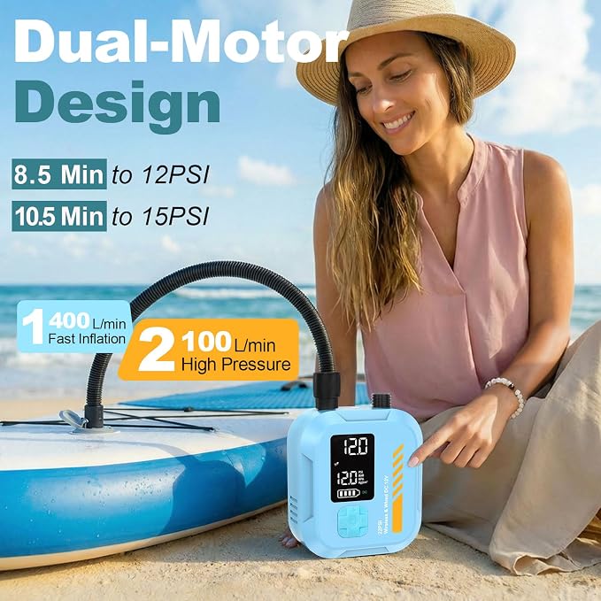 Electric Paddle Board Pump Portable, 22 PSI Rechargeable Electric SUP Air Pump, Intelligent Dual Stage Inflation & Deflation, Auto-Off, for Paddle Boards, Kayak, Kite, Tent