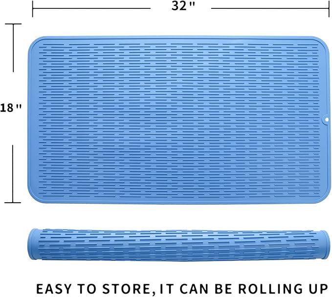 MicoYang Silicone Dish Drying Mat for Multiple Usage,Easy clean,Eco-friendly,Heat-resistant Silicone Mat for Kitchen Counter or Sink,Refrigerator or Drawer Liner Lichen BlueL 4XL 32 inches x 18 inches
