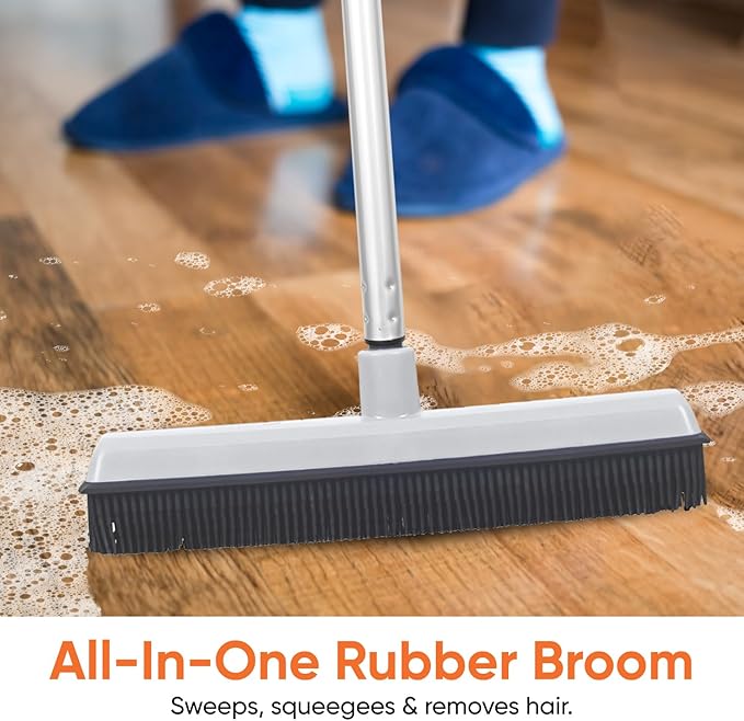 Rubber Bristle Broom for Hardwood Floors, Tiles, Carpets, Wood, and Vinyl Salon Broom, Rubber Squeegee Broom, Rug Broom, Rubber Rake for Human Hair, Pet Hair, Fur, Lint, Liquid, Grey, by Superio