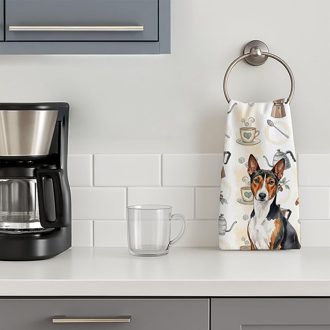Caroline's Treasures Tricolor and White Basenji Coffee Bar Kitchen Towel Velour Plush Front and Cotton Loop Back Machine Washable