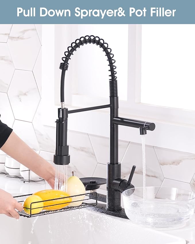 Kitchen Sink Fuacet with Glass Rinser, Single Handle Kitchen Faucet with Pot Filler, Pull Down Sparyer, Deck Plate, 304 Stainless Steel, Matte Black