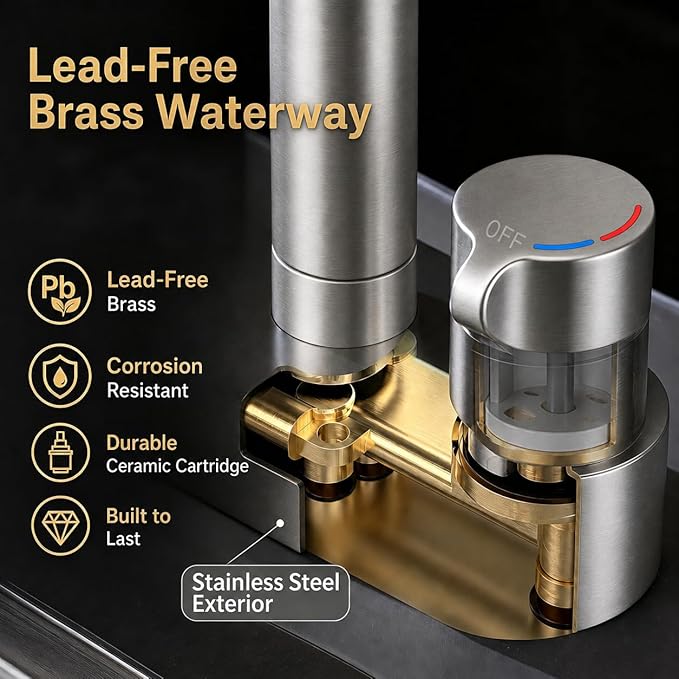 Kitchen Faucet with Pull Down Sprayer and Cup Washer, Glass Rinser Faucet, Lead-Free Brass Waterway, 3 Spray Modes, Single Handle, Single Hole Kitchen Sink Faucet, Brushed Nickel