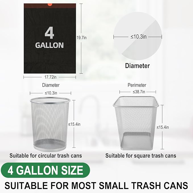 600 Counts 4 Gallon Trash Bag Drawstring Small Trash Bags, Thick Pre-separated Garbage Bags, Trash Bin Liners, Suitable for bathroom, kitchen, bedroom, office (Black)