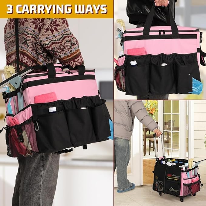 Rolling Cleaning Caddy, Cleaning Supplies Organizer with Cleaning Caddy Apron, Large Cleaning Caddy Bag with Detachable Trolley, Handles and Shoulder Strap for Cleaners Housekeepers, Pink