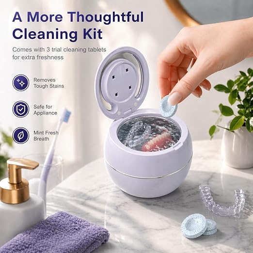 Ultrasonic Retainer Cleaner Machine with 3 Retainer Cleaning Tablets - 45kHz Dental Cleaning Pod with 2 Modes, Deep Cleaning Ultrasonic Cleaner for Dentures, Aligners, Mouth Guards