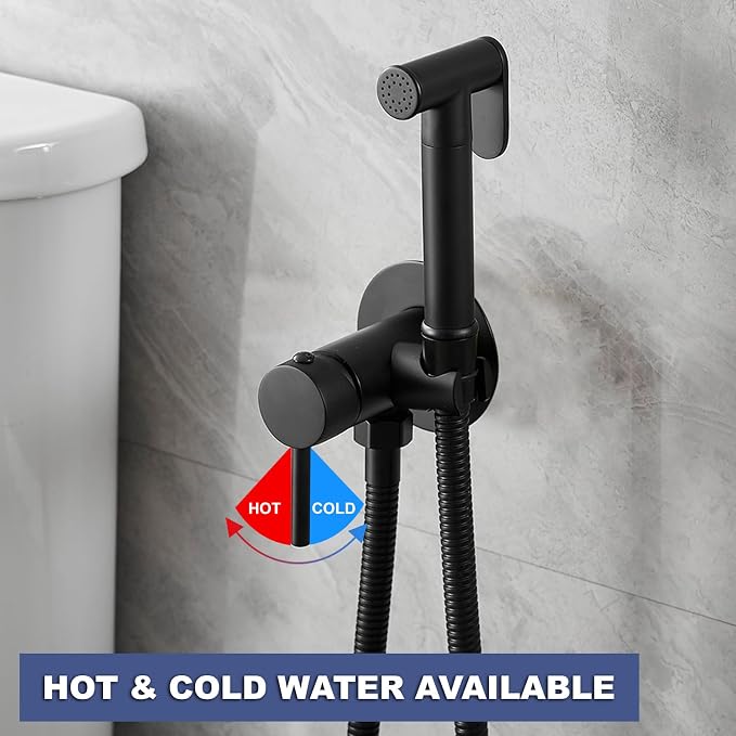 Wall Mounted Bidet Sprayer Set, Warm Water Bidet Sprayer Faucet for Toilet with Hot and Cold Brass Valve, Stainless Steel Round Handheld Bidet Attachment Set, Matte Black